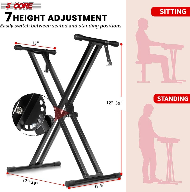 5 Core Piano Keyboard Stand Double X Heavy Duty 7 Adjustable Heights & Width Digital Electric Synthesizer Music Stands For 61 76 88 Keys w Secure Locking Strap KS 2X BLK - Image 2